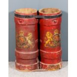 Two red painted canvas cylindrical shell carriers, each with Royal Coat of Arms with lion and