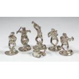 Six Elizabeth II silver menu holders modelled as a frog band, the largest is 2.25ins high, the