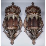 A pair of 20th Century Indian hardwood and bone wall display double shelf brackets, the lower