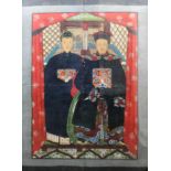 Chinese school - Scroll painting - Interior with seated figure of a Mandarin and his wife, flanked