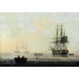 19th Century English school - Oil painting - A Royal Naval wooden vessel at anchor on a calm sea