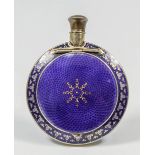 A Continental sterling silver and blue guilloche enamel circular compact/scent bottle, with