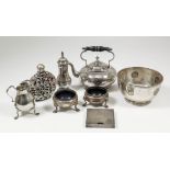 An Edward VII Bachelors silver kettle with bulbous squat body, turned wood handle, on four stump