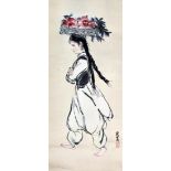 Chinese School - Scroll painting - Portrait of a standing Bijin - A beautiful woman holding a