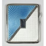 A George V silver sky blue and white guilloche enamel rectangular cigarette case with rectangular