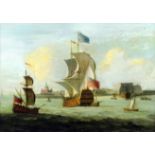 Early 19th Century English school - Oil painting - Royal Naval wooden warship in full sail and other