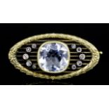 An early 20th Century Russian 14k gold mounted aquamarine and rose diamond set navette pattern