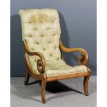 A Victorian fruitwood framed scroll back open arm easy chair, the seat and back upholstered in old