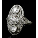 A 1920's gold and silvery coloured metal mounted all diamond set marquise pattern ring, the
