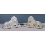 A pair of moulded cement figures of recumbent lions on rectangular bases, 25ins wide x 9ins deep x