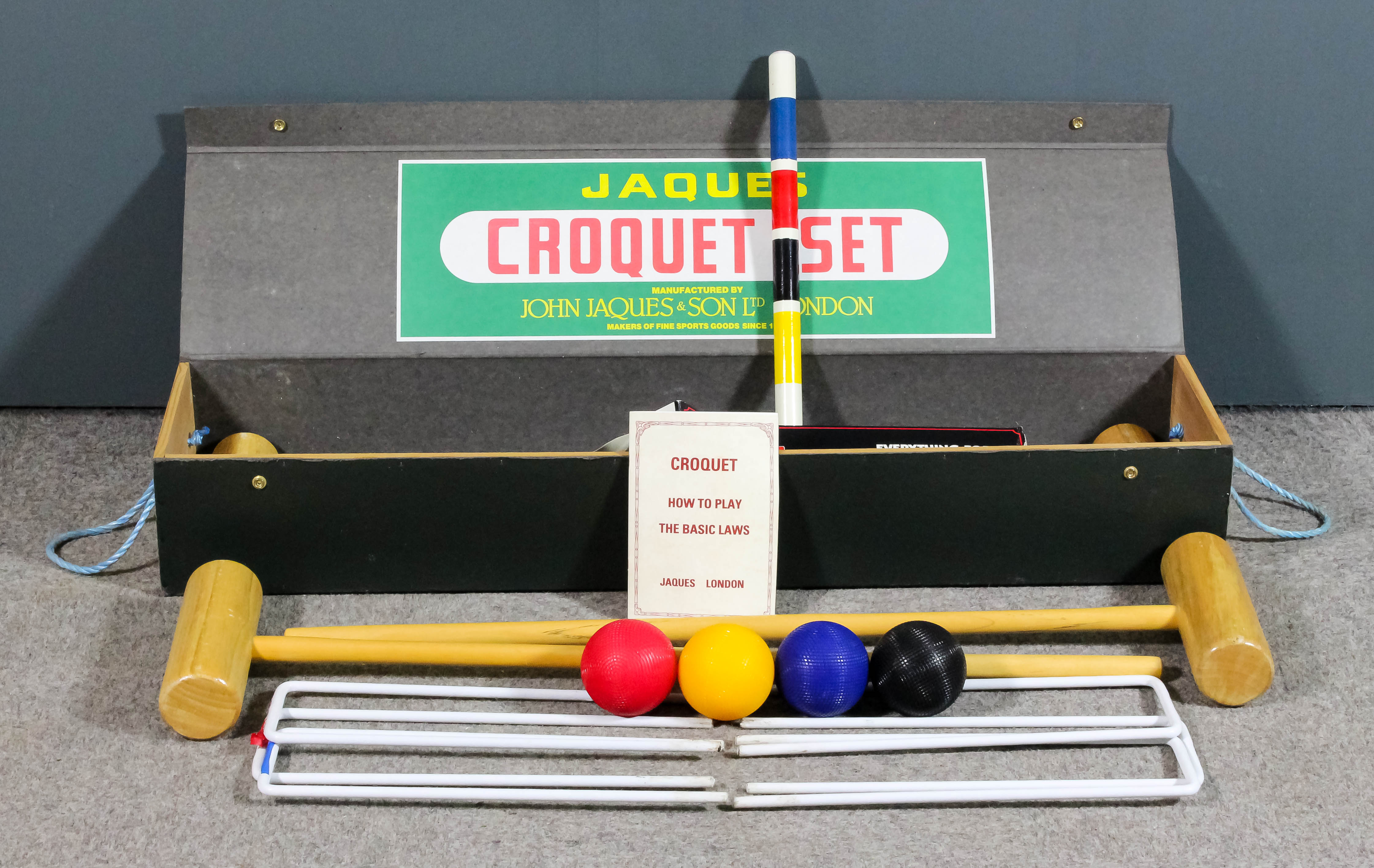 A Jaques croquet set and box for same, 42ins x 9.5ins x 6ins high