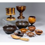 A collection of treen including - stavebuilt standing turned cup, 4.75ins diameter x 5.75ins high,