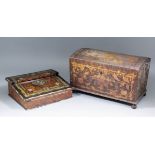 A 19th Century Continental poker work domed top wooden casket on bun feet, decorated with leaves and