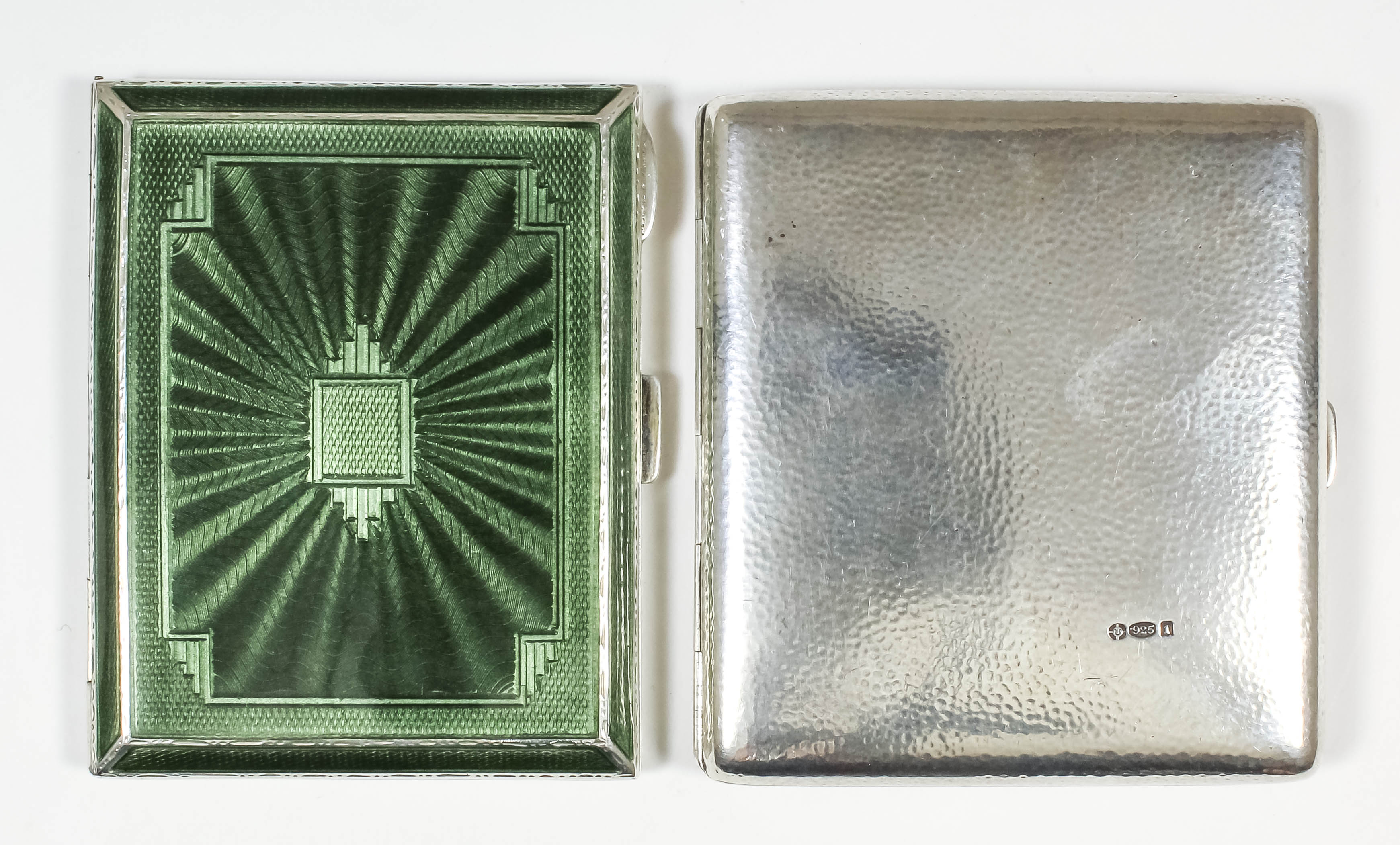 A George V and green guilloche enamel rectangular cigarette case with engine turned back, 3.375ins x