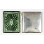 A George V and green guilloche enamel rectangular cigarette case with engine turned back, 3.375ins x