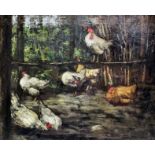 Horace Mann Livens (1862-1936) - Oil painting - Chickens in a clearing in a wood, canvas 18.5ins x