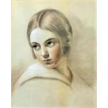 19th Century English School - Pastel - Shoulder length portrait of a young girl with wide collar,