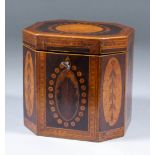 A George III inlaid octagonal single division tea caddy, the lid with circular panel and the sides