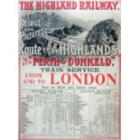 An early 20th Century Highland Railway timetable poster, the upper part printed with a view of a