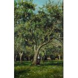 19th Century school - Oil painting - Two figures with sheep in an orchard, canvas 12ins x 8ins,