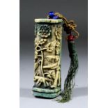 A 19th Century green stained Chinese bone box with hinged lid, the body naively carved with a