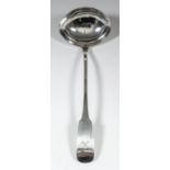 A George III Irish silver fiddle pattern soup ladle with plain oval bowl and engraved with