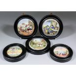 Five 19th Century colour printed pot lids, comprising - "Royal Harbour, Ramsgate", 4ins diameter, "