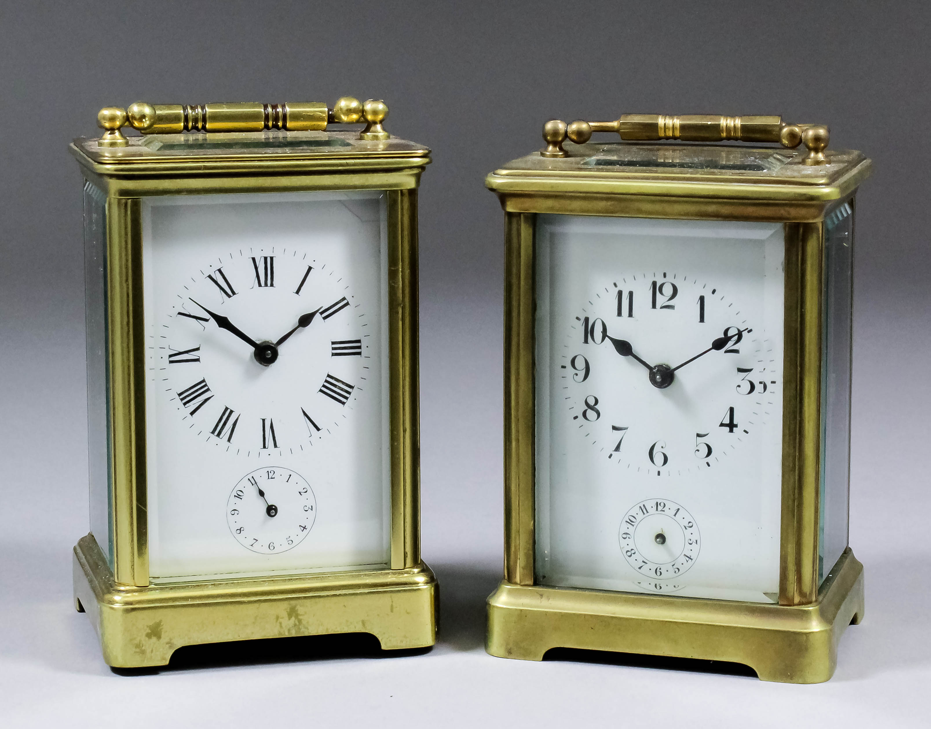 Two late 19th/early 20th Century French carriage timepieces with alarum, one with white enamel