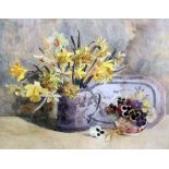 20th Century British school - Watercolour - Still life with daffodils in a Chinese tankard, 16.