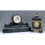 A 19th Century French black slate and green veined marble cased mantel clock, the 5ins diameter