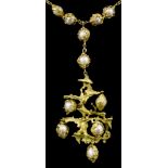 A 1980's Charles de Temple gold coloured metal and pearl necklace, the central pendant stylised as a