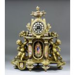 A late 19th Century French gilt metal and porcelain mounted mantel clock by Japy Freres, No. 1445,