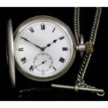 An early 20th Century gentlemen's silver half hunting cased keyless lever pocket watch, the white