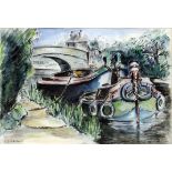 Angela E. Adshead (20th Century British) - Watercolour - Barge on canal, 9.75ins x 13.75ins, signed,