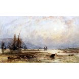 George Weatherill (1880-1890) - Watercolour - Coastal scene with beached fishing boats and figure on