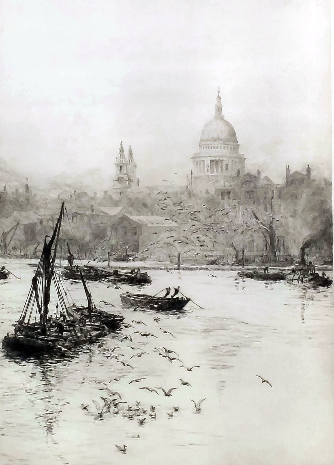 William Lionel Wyllie (1851-1931) - Drypoint etching - "St Paul's from the River Thames" - View of