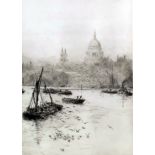 William Lionel Wyllie (1851-1931) - Drypoint etching - "St Paul's from the River Thames" - View of