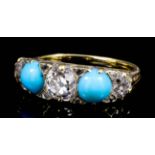 A late Victorian 18ct gold mounted turquoise and diamond ring, the face set with an old cut