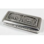 A George IV silver rectangular snuff box, the lid with raised panel cast with hunting dog and grouse