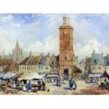 Paul Marny (1829 - 1914) - Watercolour - Continental market scene, 10.75ins x 14.5ins, signed and