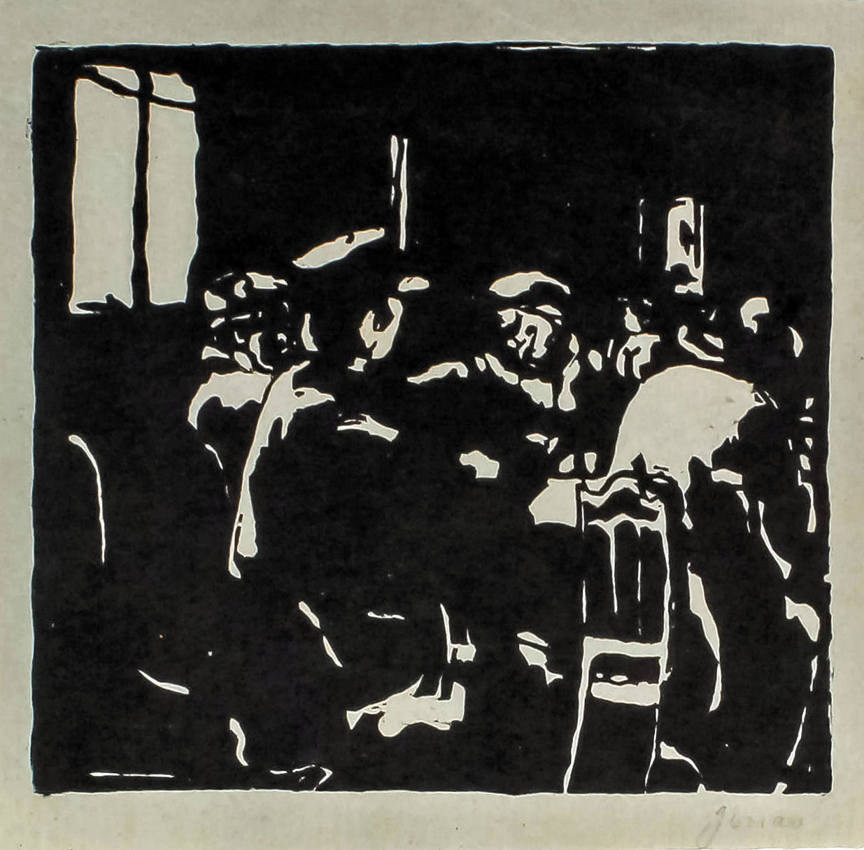 Henri Charles Jonas (1878-1944) - Woodcut - Seated figures around a table, 4.12ins x 4.5ins,