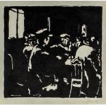 Henri Charles Jonas (1878-1944) - Woodcut - Seated figures around a table, 4.12ins x 4.5ins,