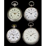 A 19th Century Continental silvery metal cased keyless pocket watch with calendar work, the white