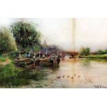 Henry Charles Fox (1860-1929) - Pair of watercolours - River landscapes - "Clifton Hampden Bridge on