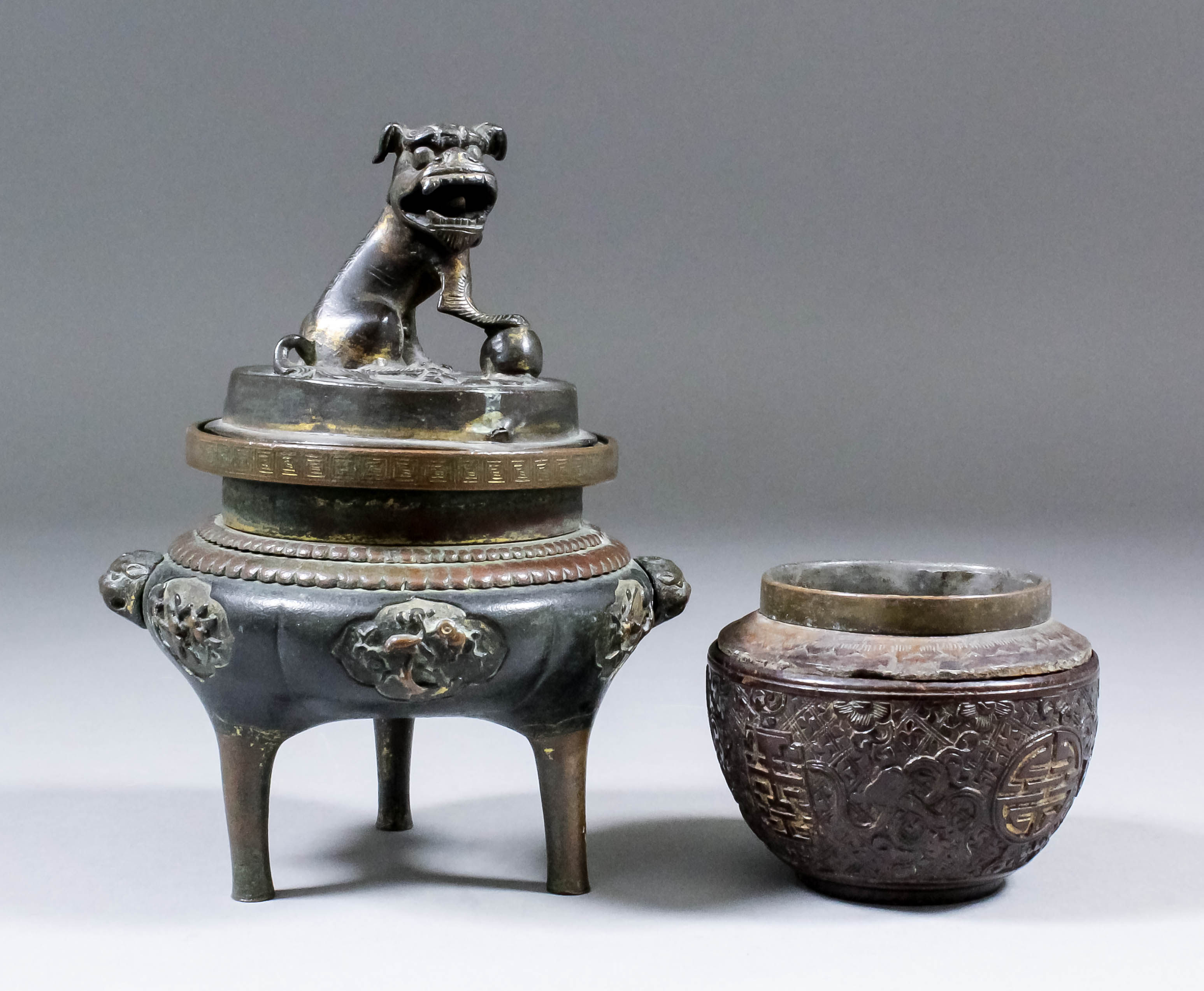 A Chinese bronze two-handled tripod censer and cover, the cover with dog of fo finial, the base