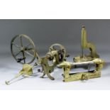 A 19th Century brass Watchmakers lathe or mandrel, the hand cranked action with six spoke wheel with