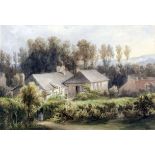 19th Century Continental school - Watercolour - View of cottages with figures to foreground,