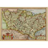 A 17th Century coloured engraving - Small map of Kent, 3.25ins x 4.75ins, with text to reverse,