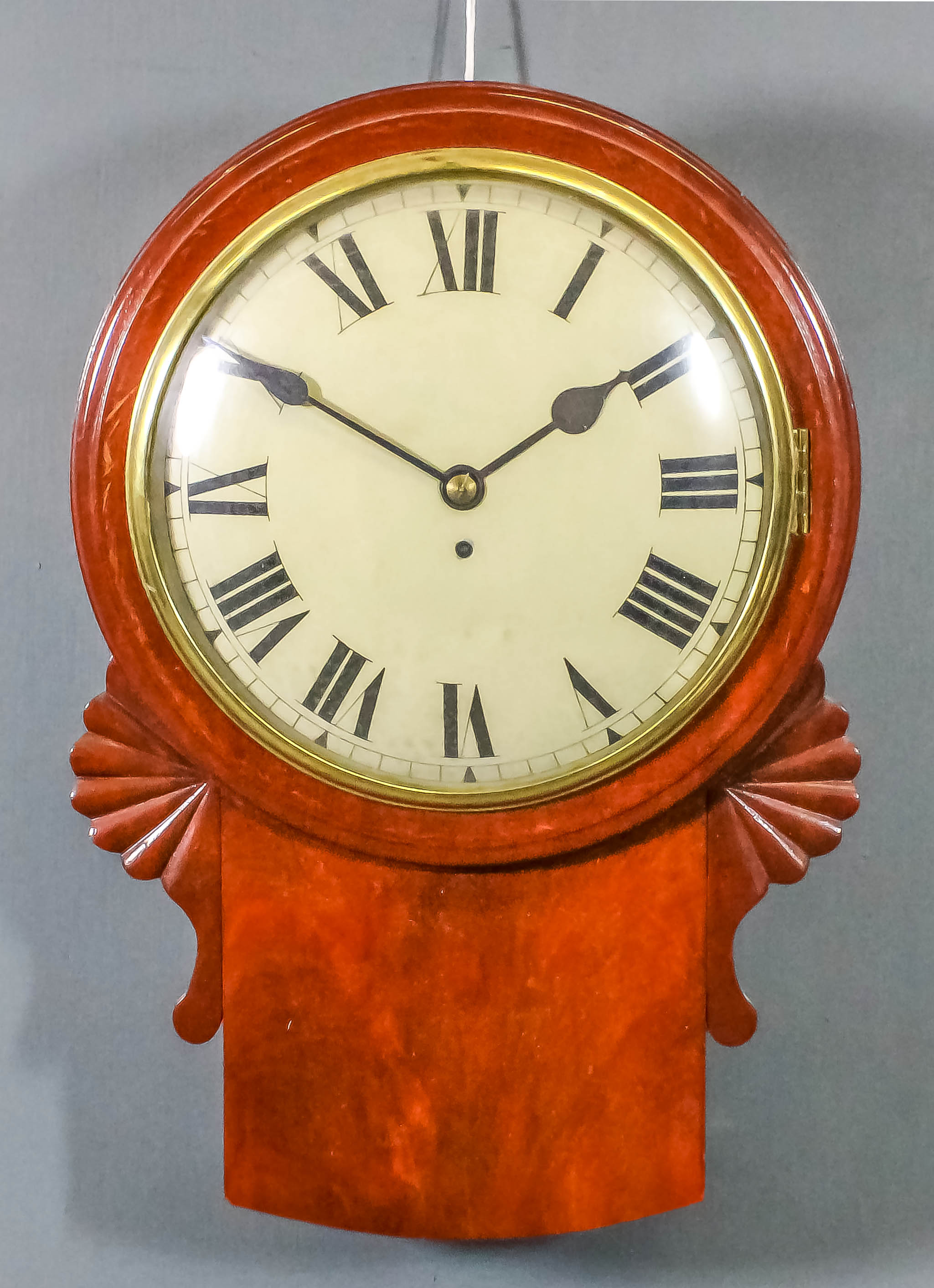 A mahogany cased drop dial wall clock, the 12ins diameter painted domed metal dial with Roman