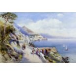 Charles Edward Rowbotham (1856-1921) - Watercolour - "Amalfi" - Coastal scene with horse and cart